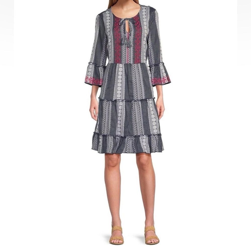 New John Mark Embroidered Tie Neck Dress Women’s Size Large